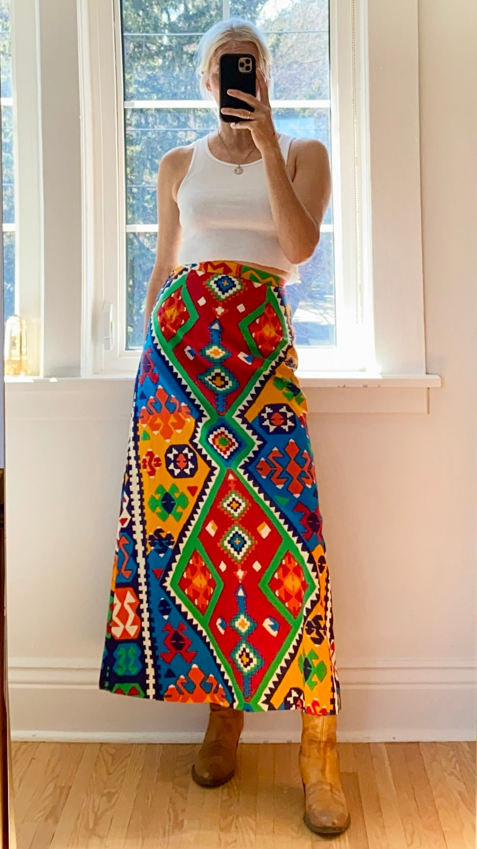 Vintage 1960s Cotton Aline Geometric Print Maxi Skirt S
