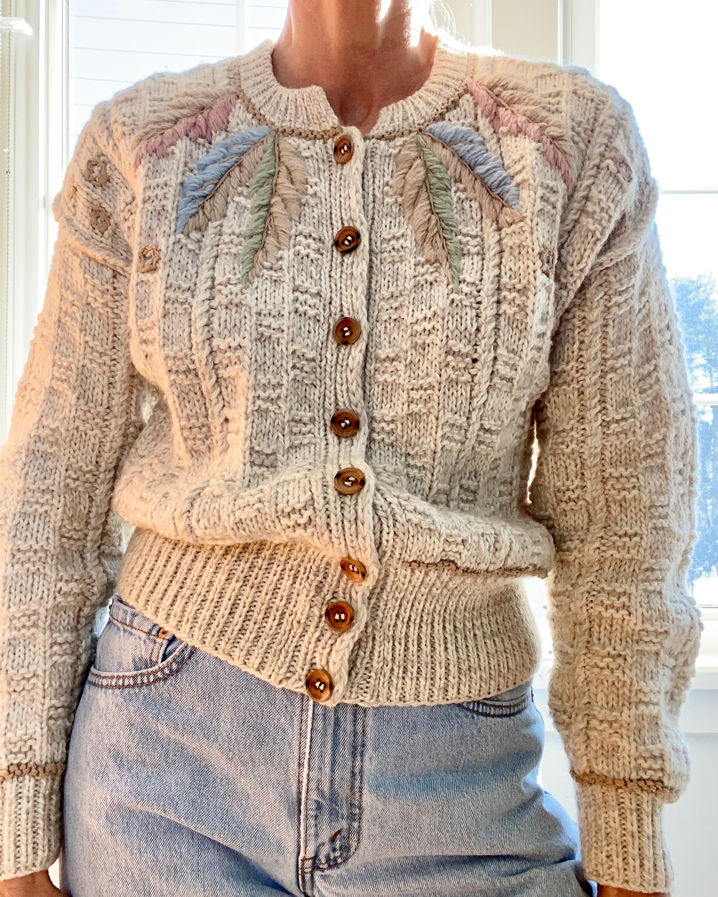VINTAGE Embroidered Oatmeal Basket Weave Wool Cardigan