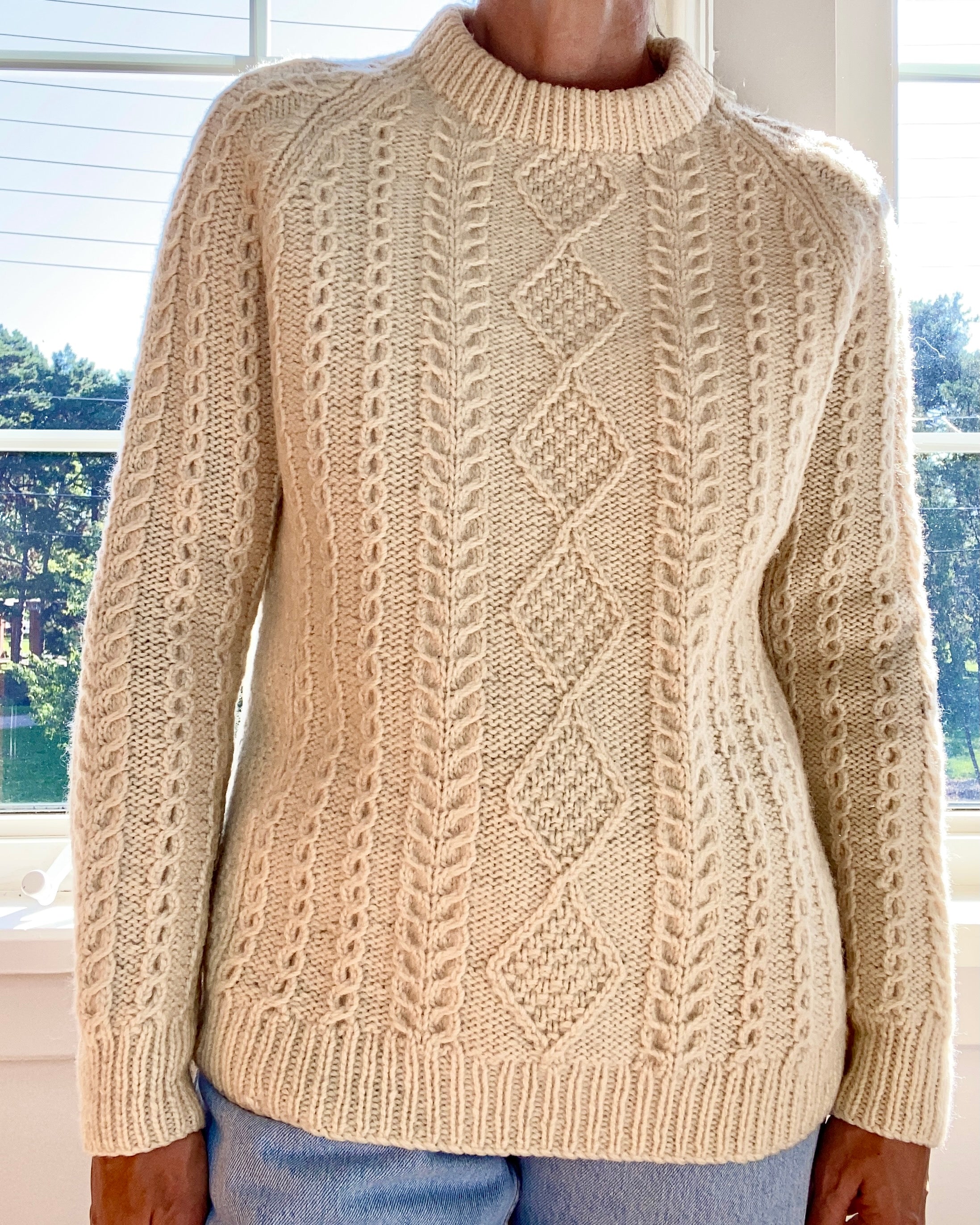 Vintage Handknit Cream Wool Fisherman Cable Sweater