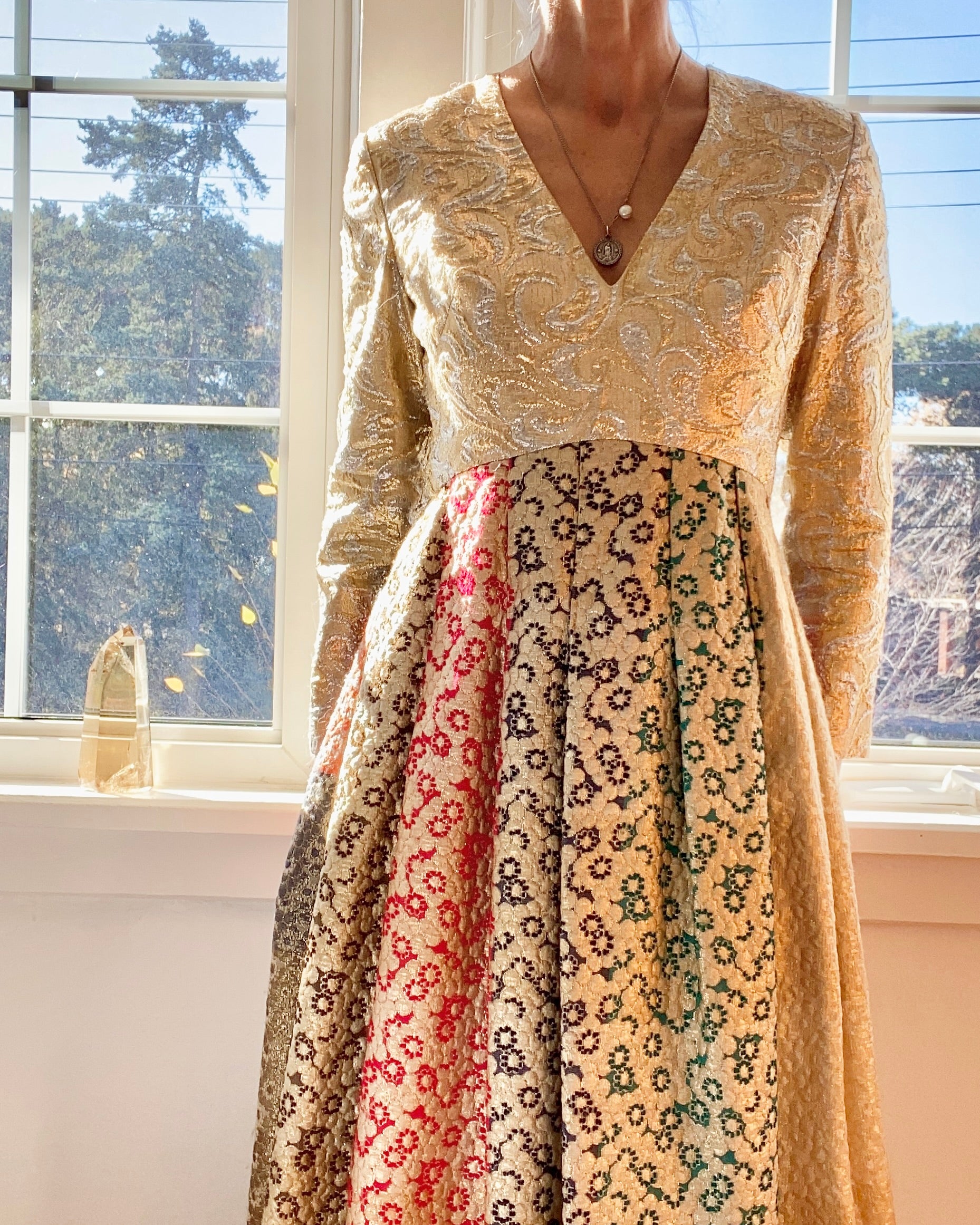 VINTAGE 1960s Morton Myles for Malcolm Charles Gold Floral Brocade Gown Dress 8 M