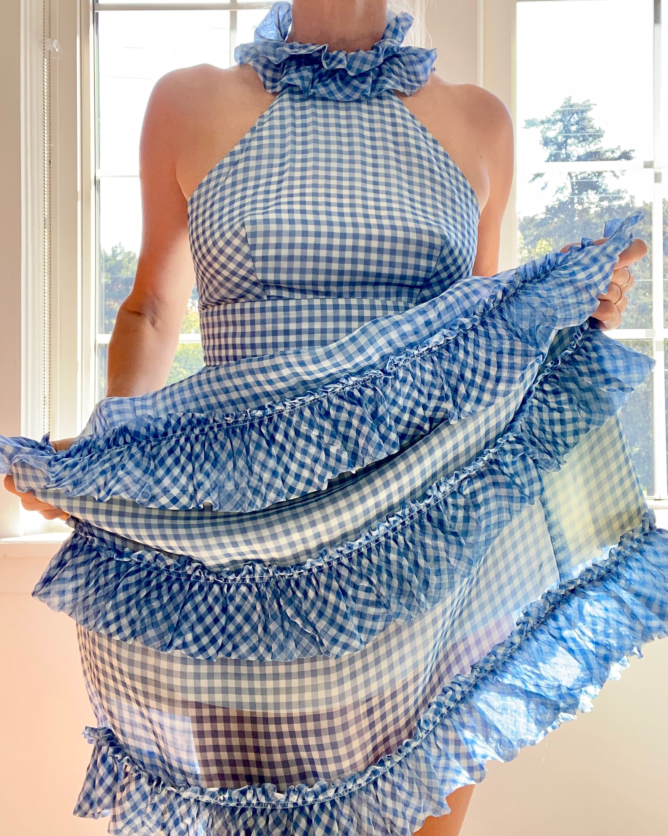 VINTAGE 1960s Organza Blue and White Gingham Halter Dress
