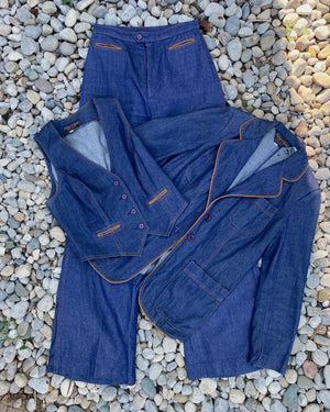 Vintage 1970s Denim 3pcs Suit with Wide Flare Leg