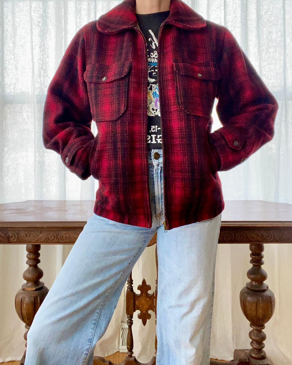 Vintage 1960s WOOLRICH Buffalo Check Plaid Red and Black Mackinaw Hunting Workwear Jacket S