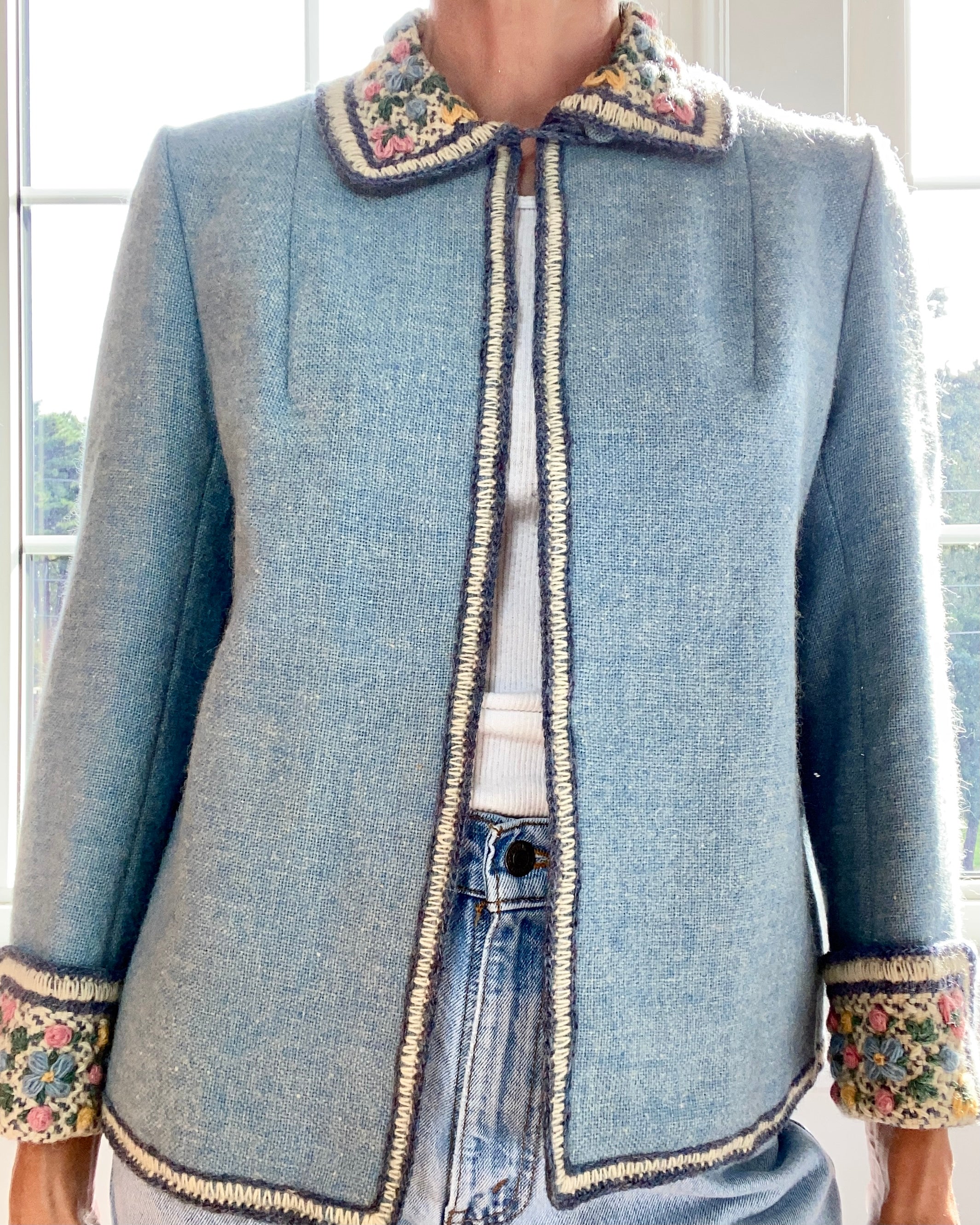 Vintage Handwoven Blue Wool with Embroidery Jacket