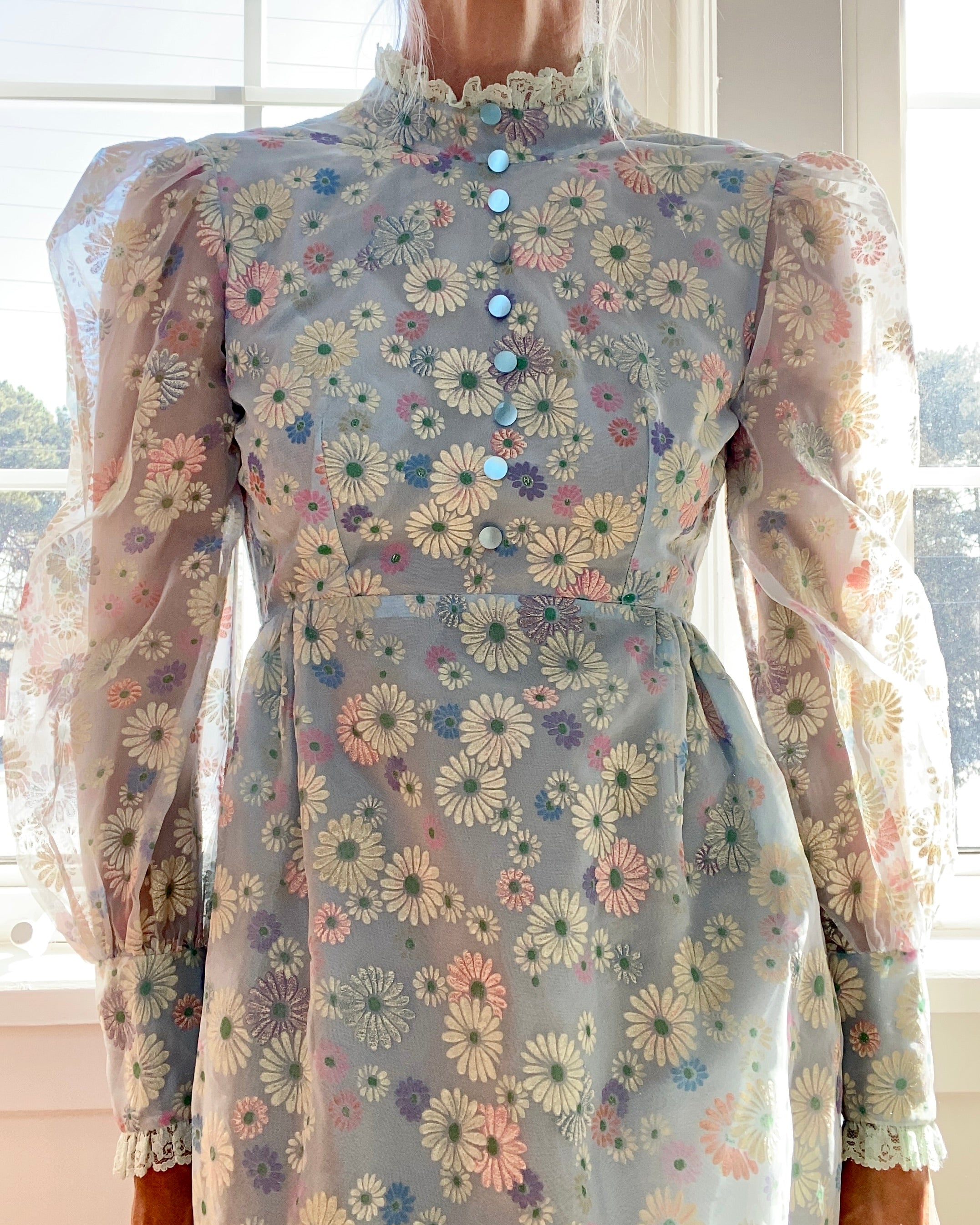 Vintage 1960s Floral Organza Prairie Victorian Inspired Dress XS or S