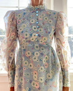 Vintage 1960s Floral Organza Prairie Victorian Inspired Dress XS or S