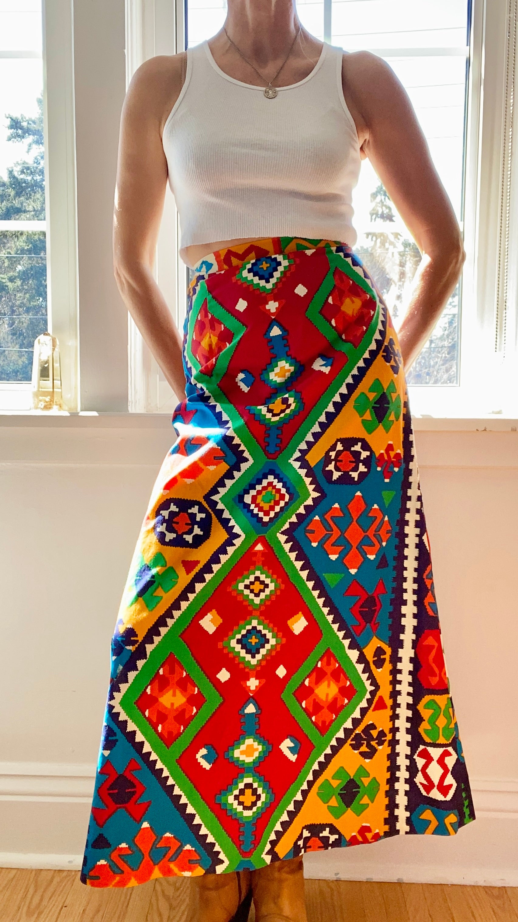 Vintage 1960s Cotton Aline Geometric Print Maxi Skirt S