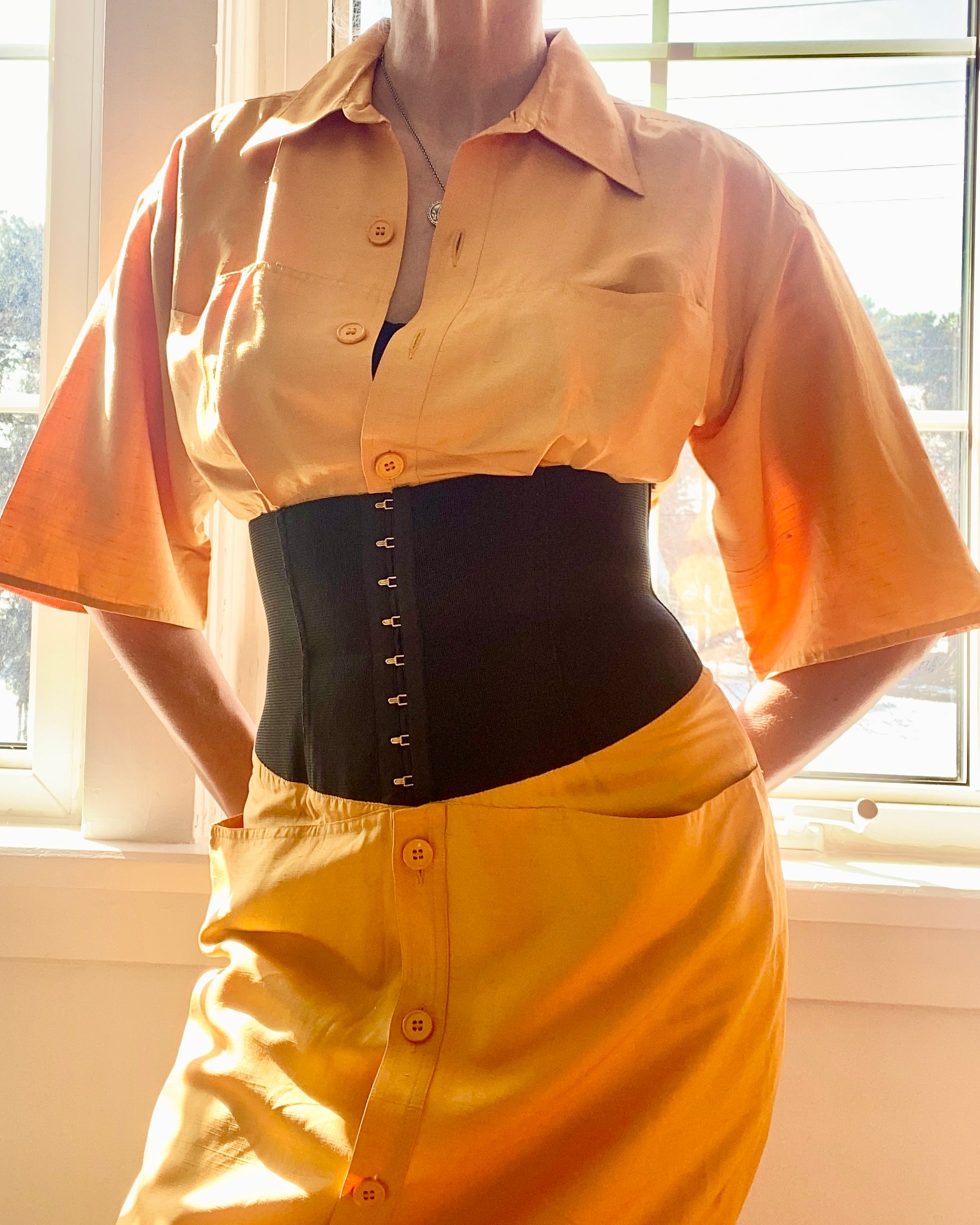 Vintage 1980s GIANFRANCO FERRE Ocre Silk Corset Shirt Dress 42 6 8 – Ardith