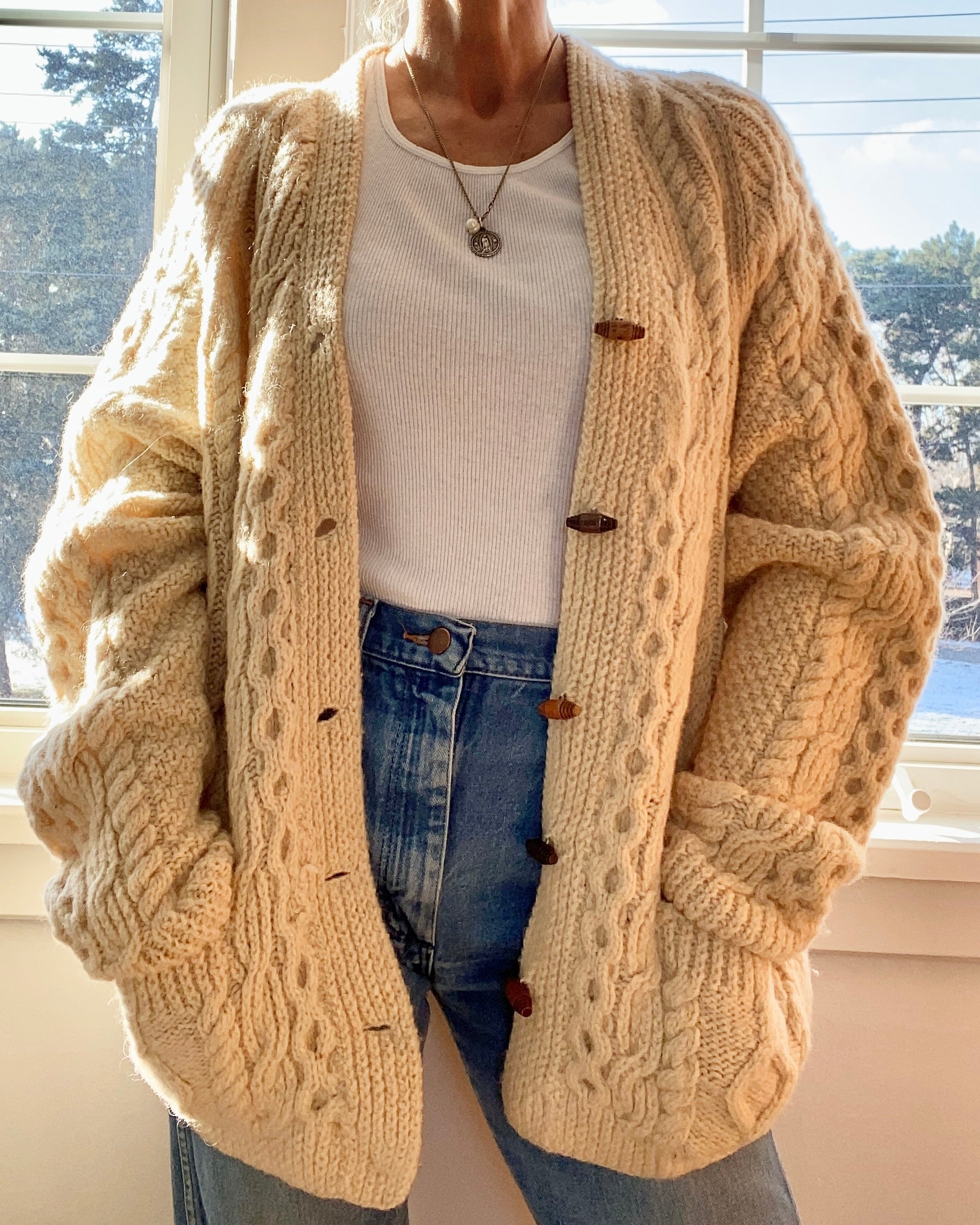 VINTAGE Handknit Irish Fisherman Cable Wool Cardigan