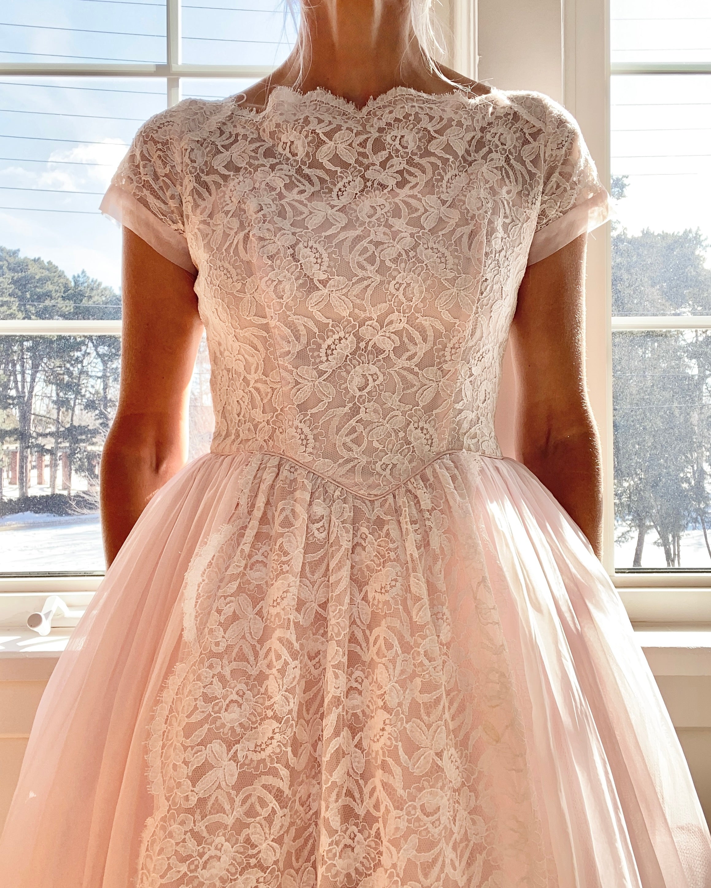 Vintage 1950s Pink Lace Chiffon  Formal Gown Size 6 or 8 - LGWU Union label USA