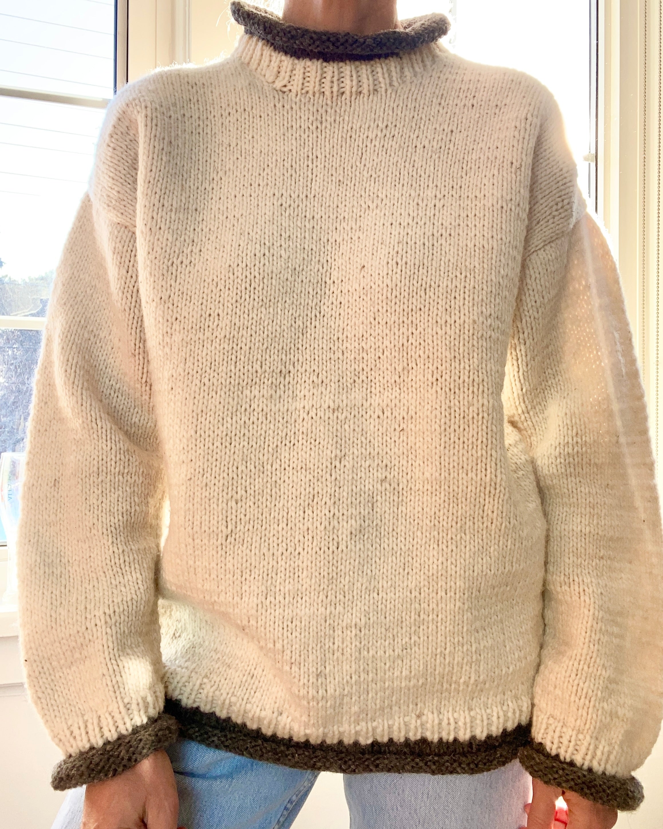 VINTAGE Cream Handknit Virgin Wool Rolled Neck Sweater