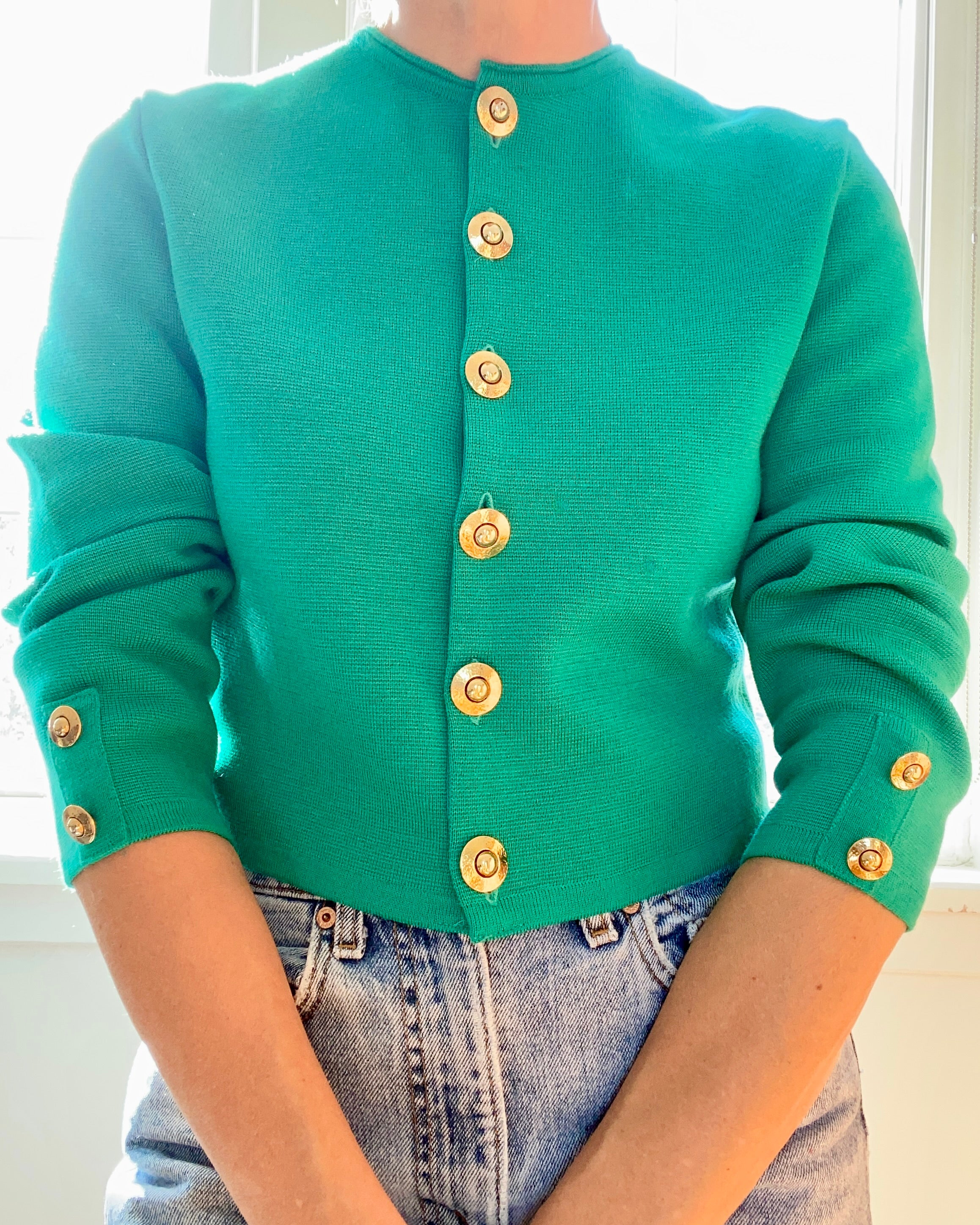 Vintage 1980s JAEGER Emerald Green Crop Knit Jacket Cardigan M