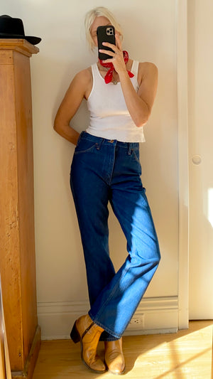 Vintage Wrangler 1970s Flares Dark Wash Jeans size 31 Made in USA
