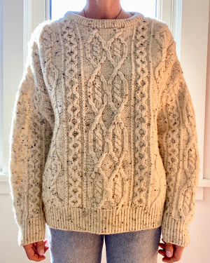 Vintage Handknit ARAN KNITS Oatmeal Fisherman Cable Sweater Made in Ireland M L XL