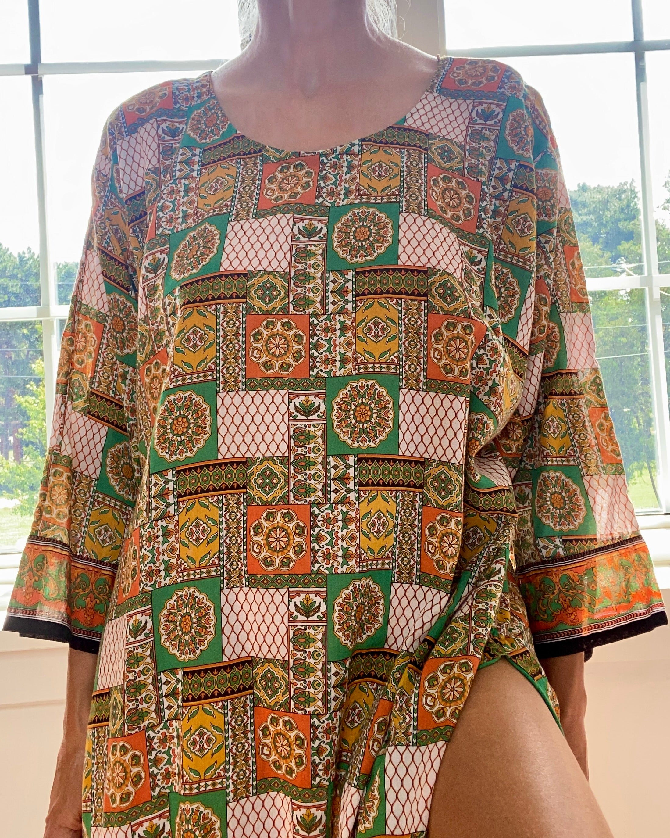 Vintage Floral Tile Print Voile Caftan Dress