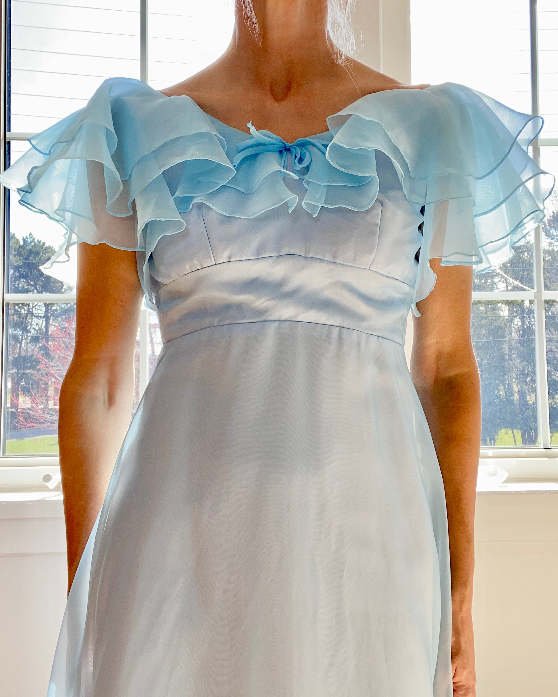 Vintage 1970s Montgomery Ward Blue Chiffon Formal Gown Size 4 - LGWU Union label USA