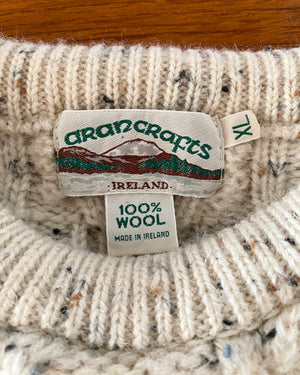 Vintage Handknit ARAN KNITS Oatmeal Fisherman Cable Sweater Made in Ireland M L XL