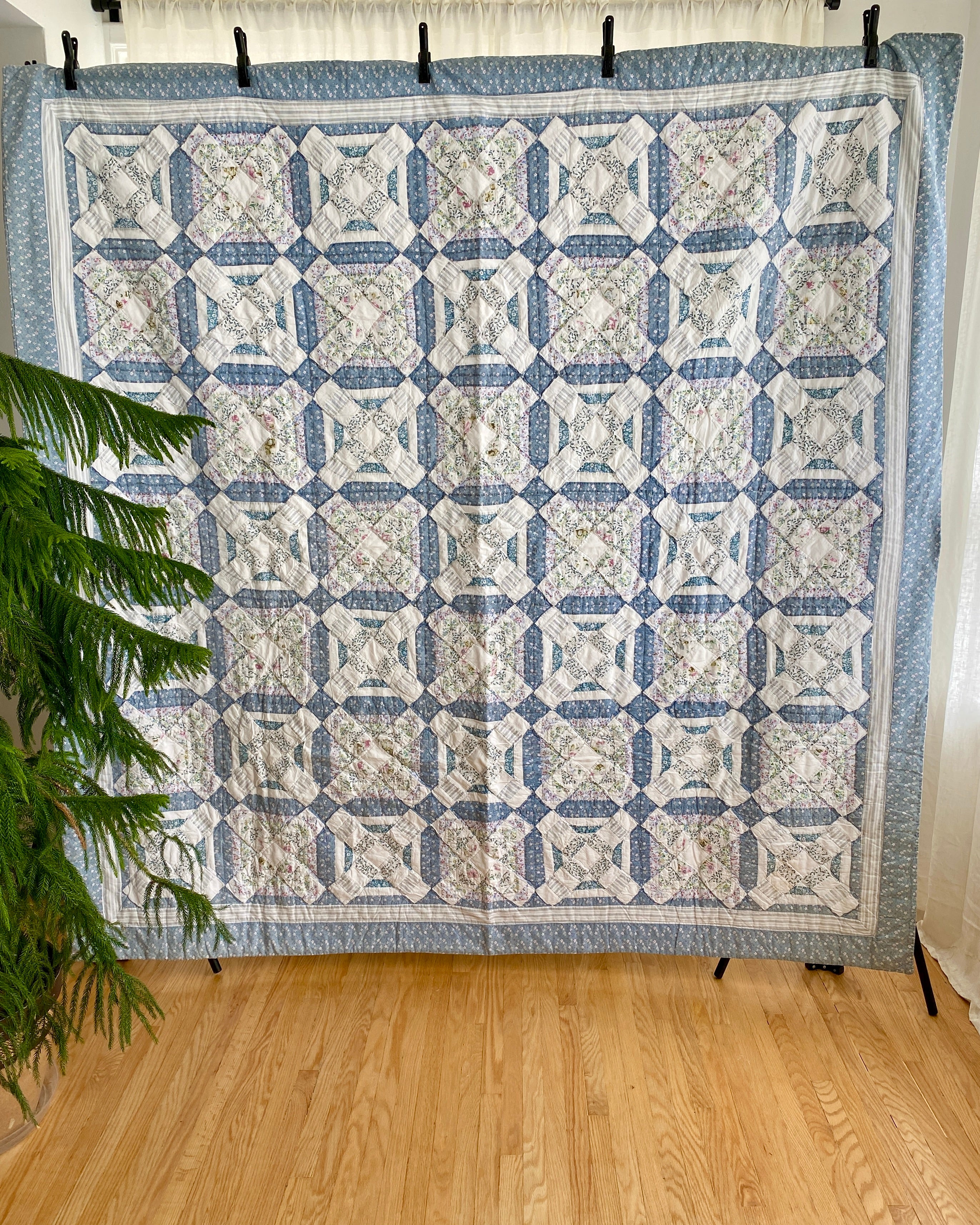 Vintage Lattice Blue & White Patchwork Quilt