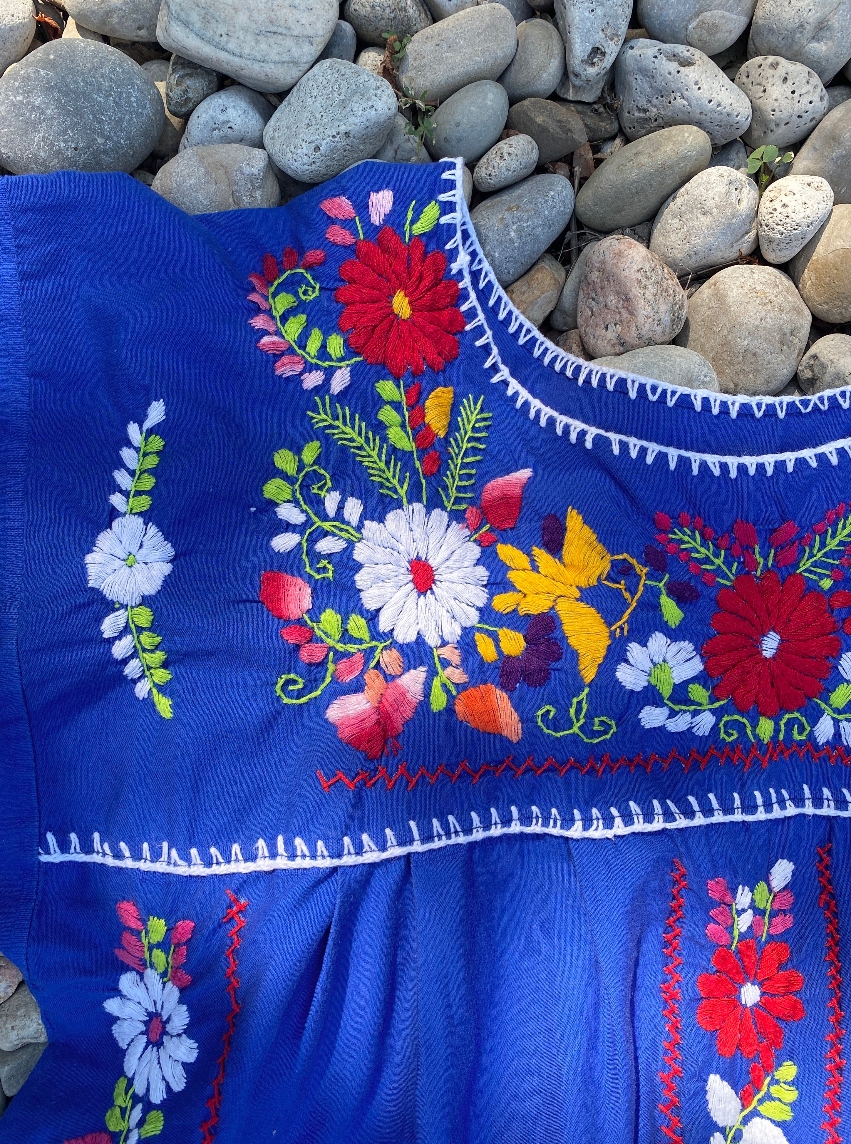 Vintage Mexican Embroidered Blue Dress