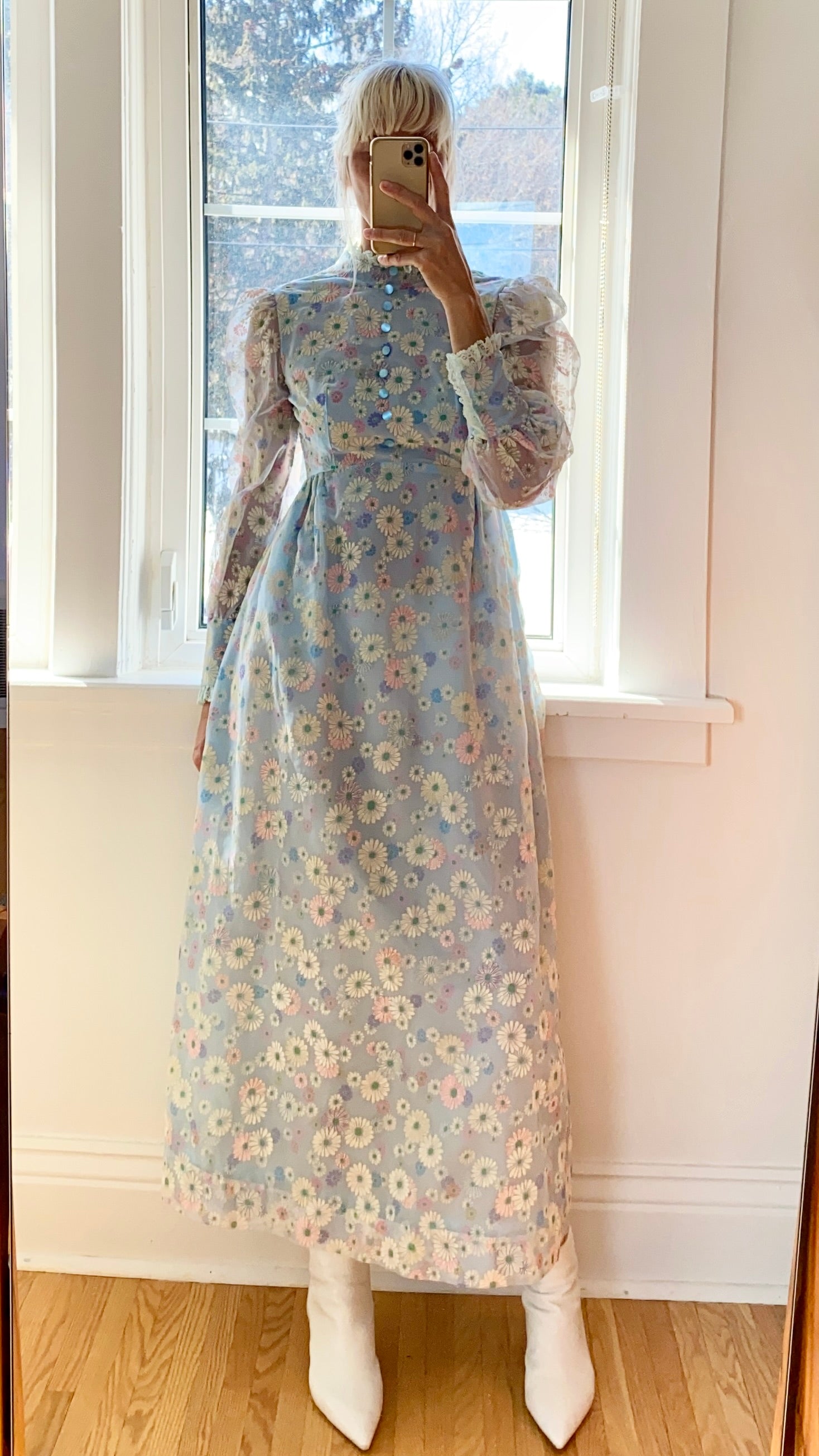 Vintage 1960s Floral Organza Prairie Victorian Inspired Dress XS or S