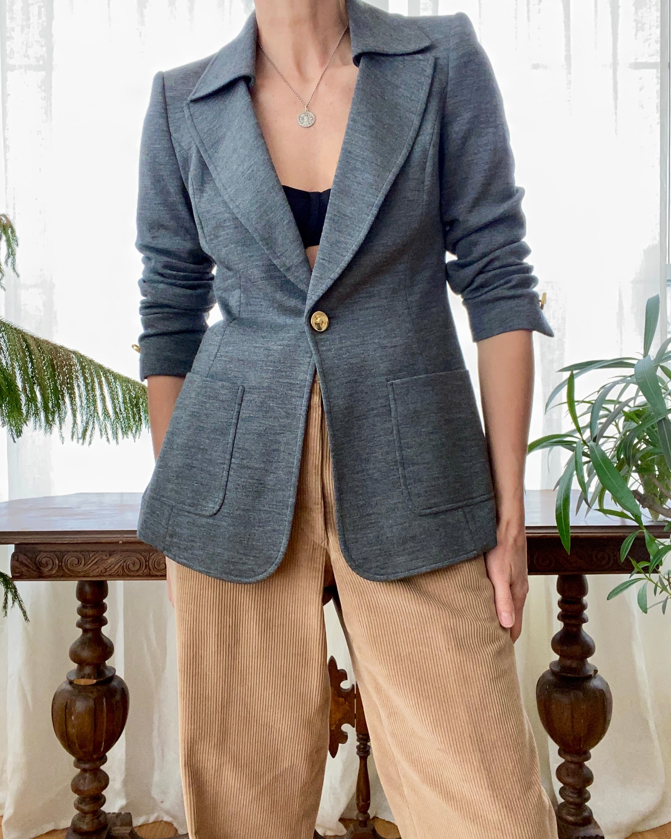 Vintage 1990s ESCADA by Margaretha Ley Grey Charcoal Ponte Blazer Jacket 38