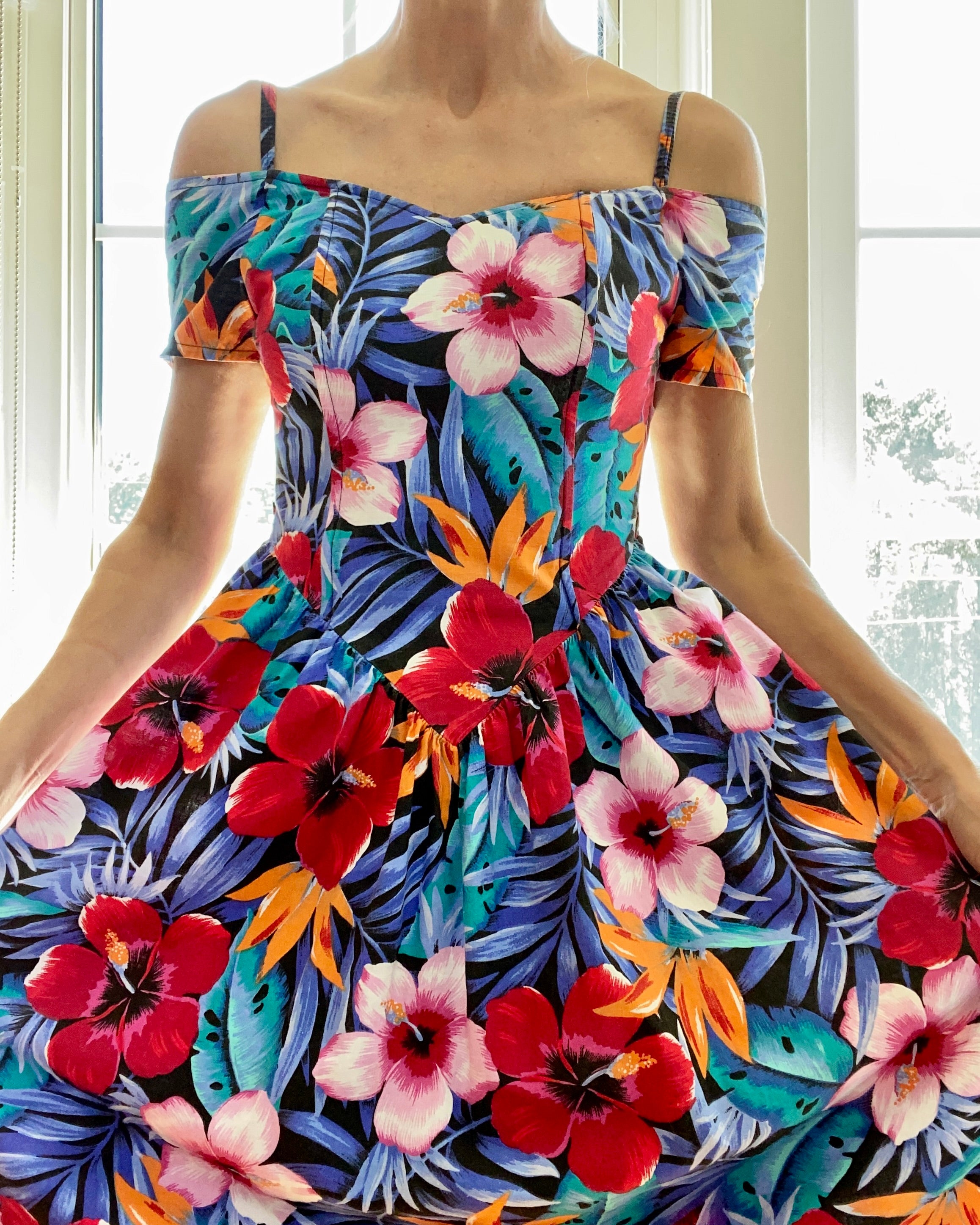 Vintage EBER of San Francisco Hibiscus Print Cotton Dress