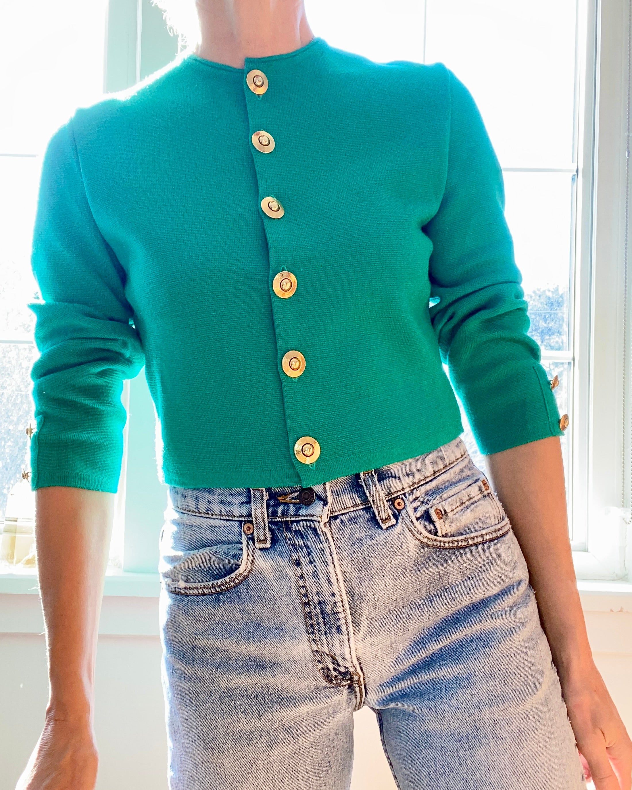 Vintage 1980s JAEGER Emerald Green Crop Knit Jacket Cardigan M