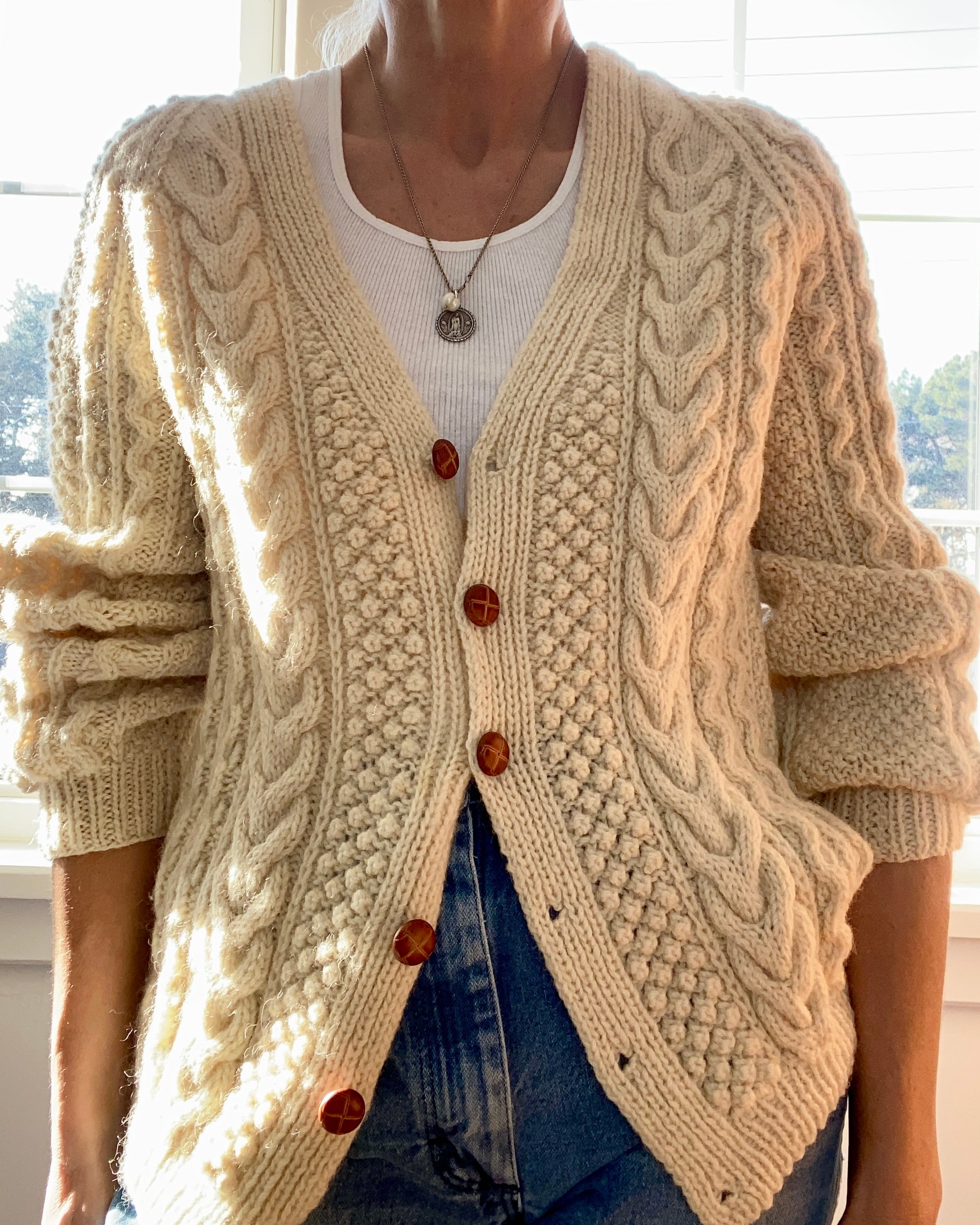 VINTAGE Handknit Fisherman Cable Wool Cardigan M