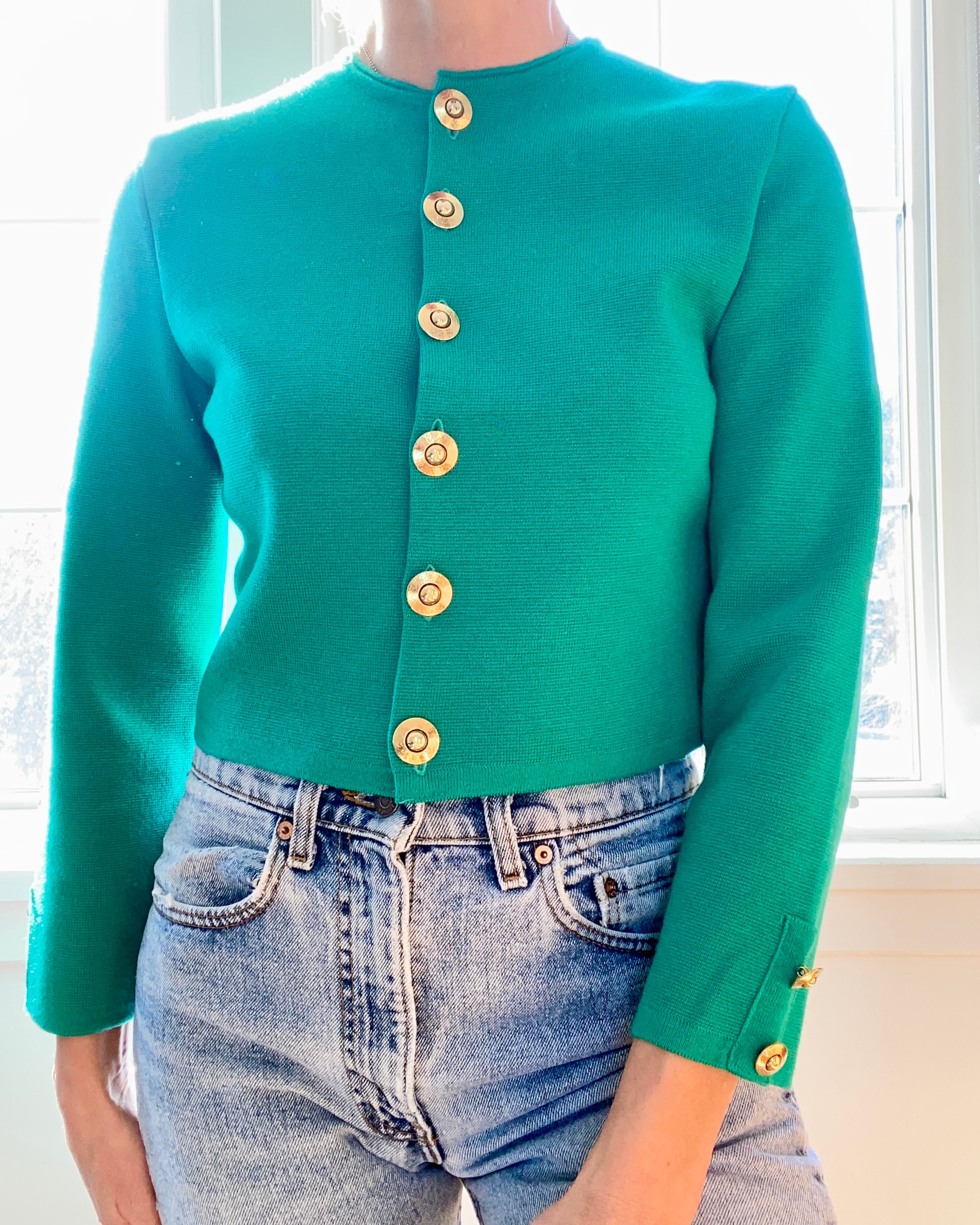 Vintage 1980s JAEGER Emerald Green Crop Knit Jacket Cardigan M