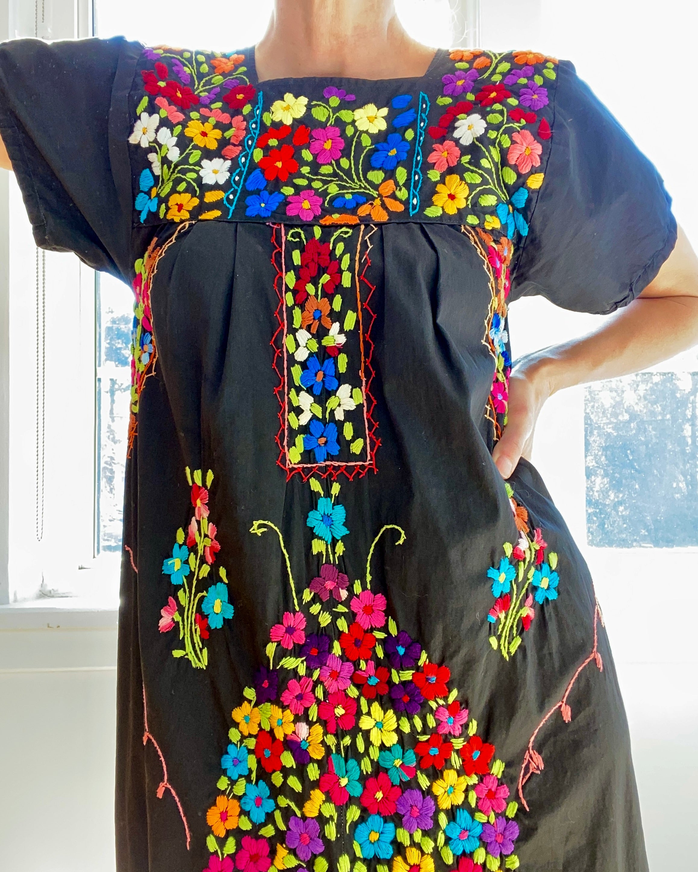 Vintage Mexican Embroidered Black Dress