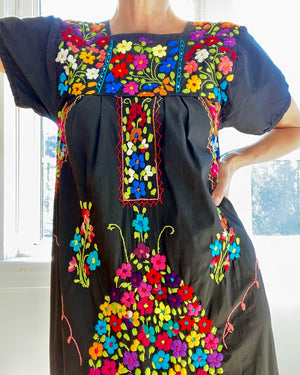 Vintage Mexican Embroidered Black Dress