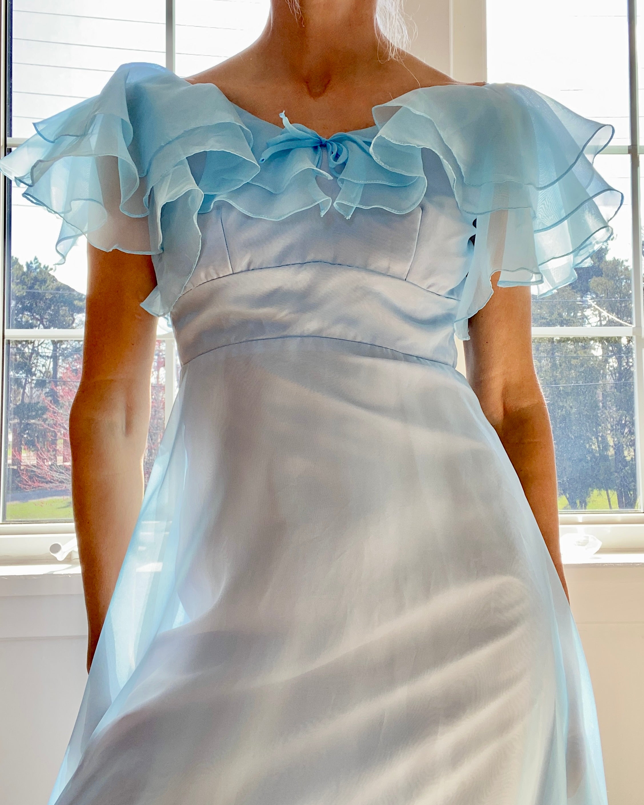 Vintage 1970s Montgomery Ward Blue Chiffon Formal Gown Size 4 - LGWU Union label USA