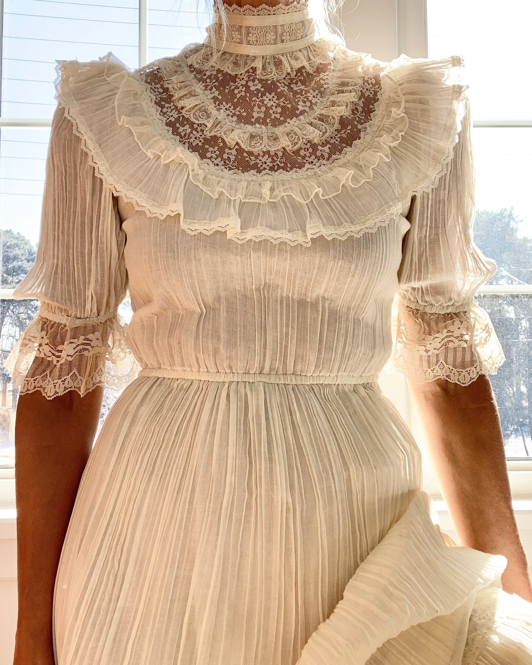 Vintage 1970s Gunne Sax by Jessica San Francisco Pleated Cream Voile and Lace Maxi Dress size 7