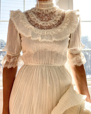 Vintage 1970s Gunne Sax by Jessica San Francisco Pleated Cream Voile and Lace Maxi Dress size 7