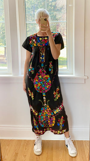 Vintage Mexican Embroidered Black Dress