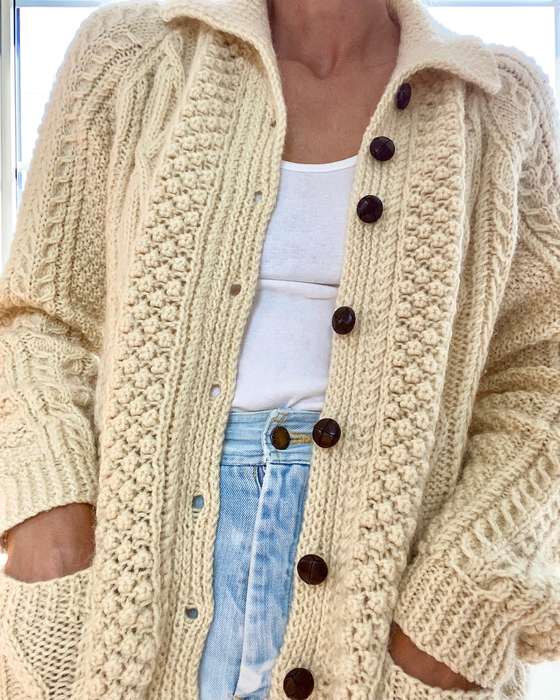 VINTAGE Cable Wool Cardigan with Collar
