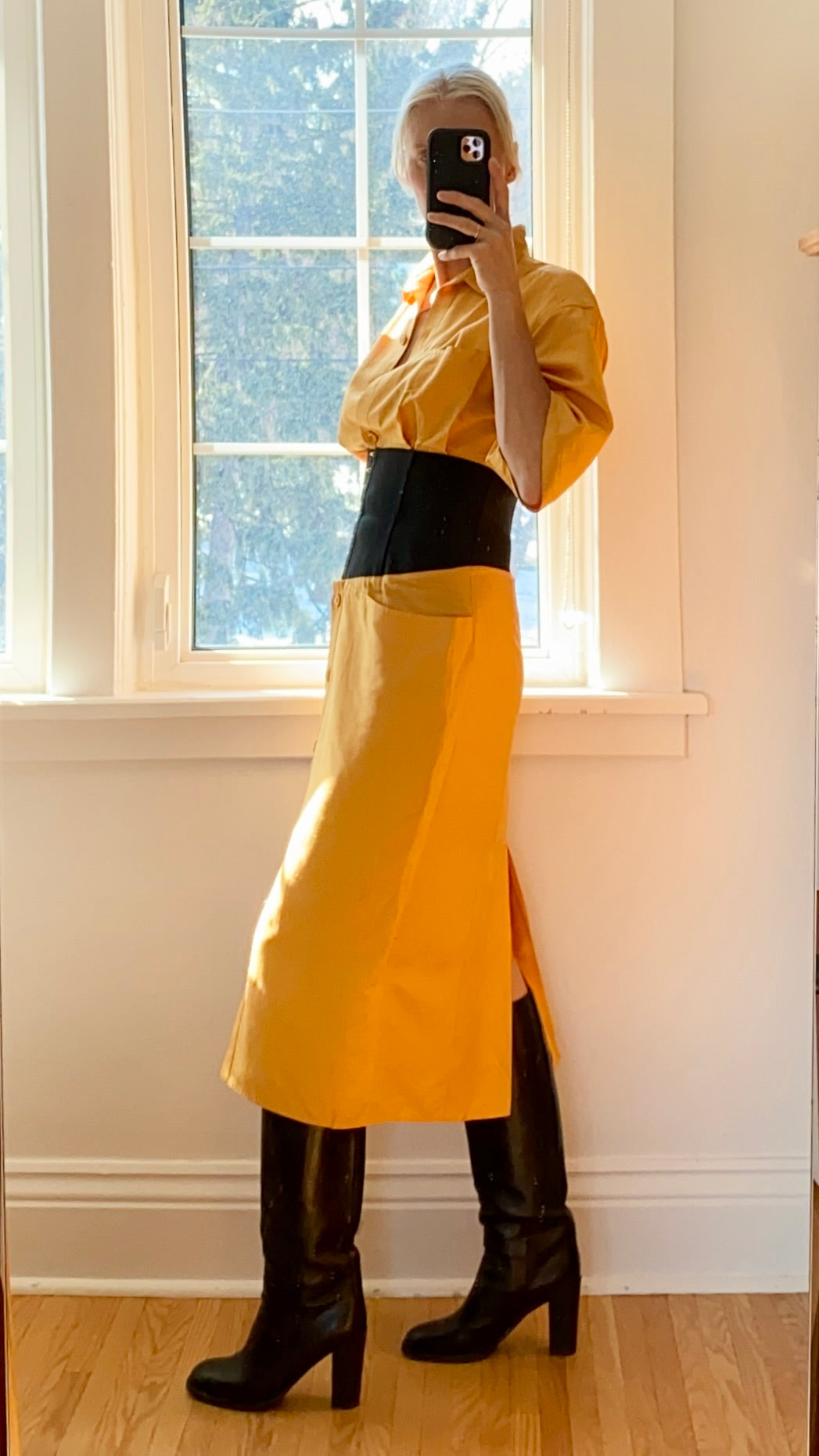 Vintage 1980s GIANFRANCO FERRE Ocre Silk Corset Shirt Dress 42 6 8