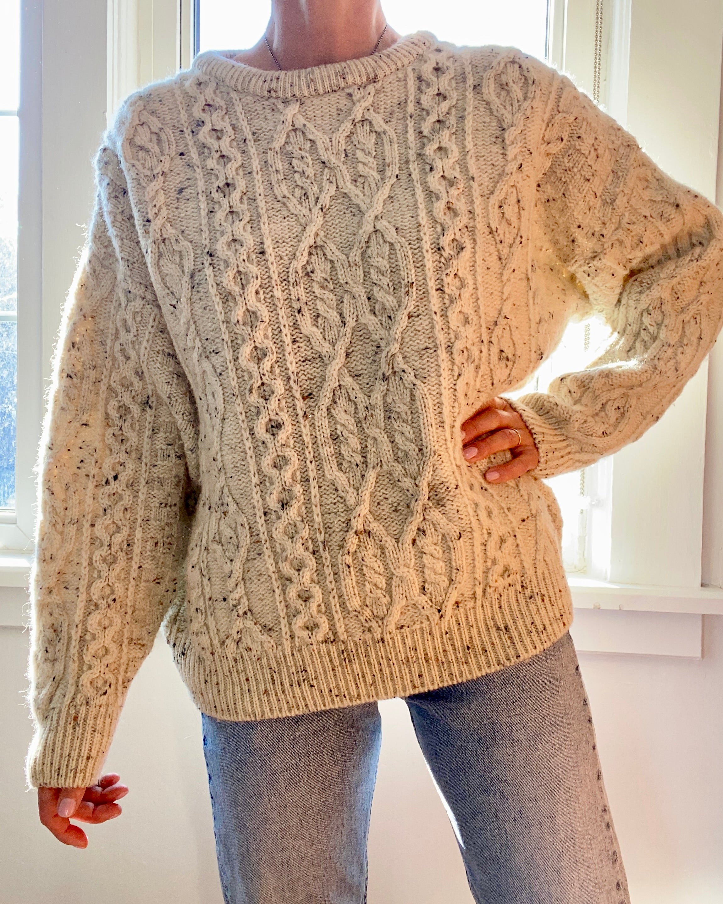 Vintage Handknit ARAN KNITS Oatmeal Fisherman Cable Sweater Made in Ireland M L XL