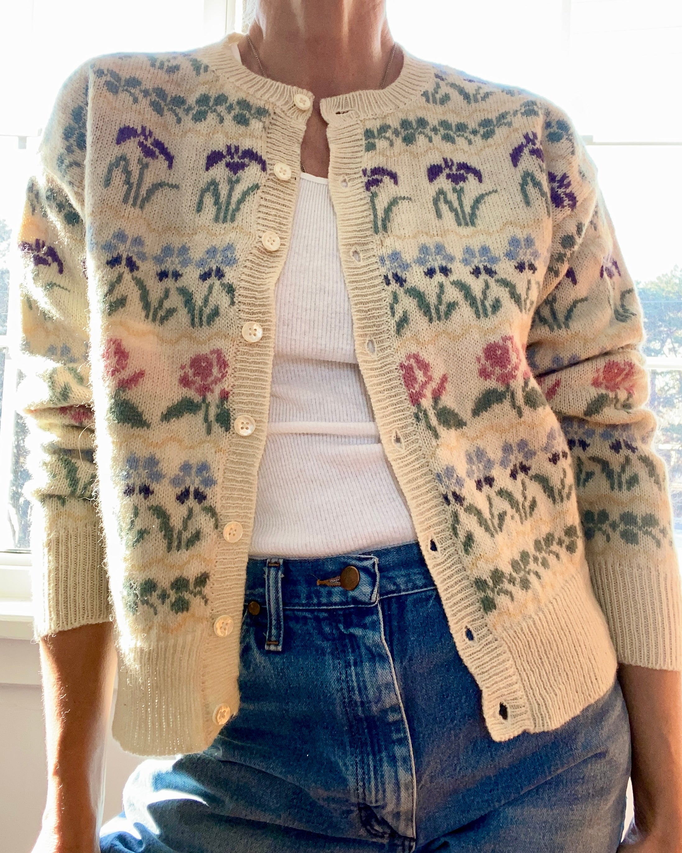 VINTAGE LLBEAN Floral Wool Cardigan Sweater M