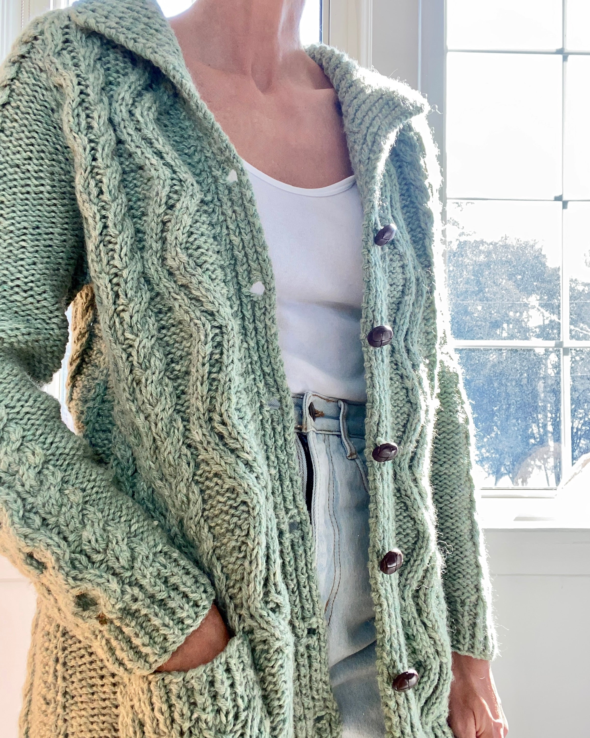 VINTAGE Sage Green Cable Wool Cardigan with Collar