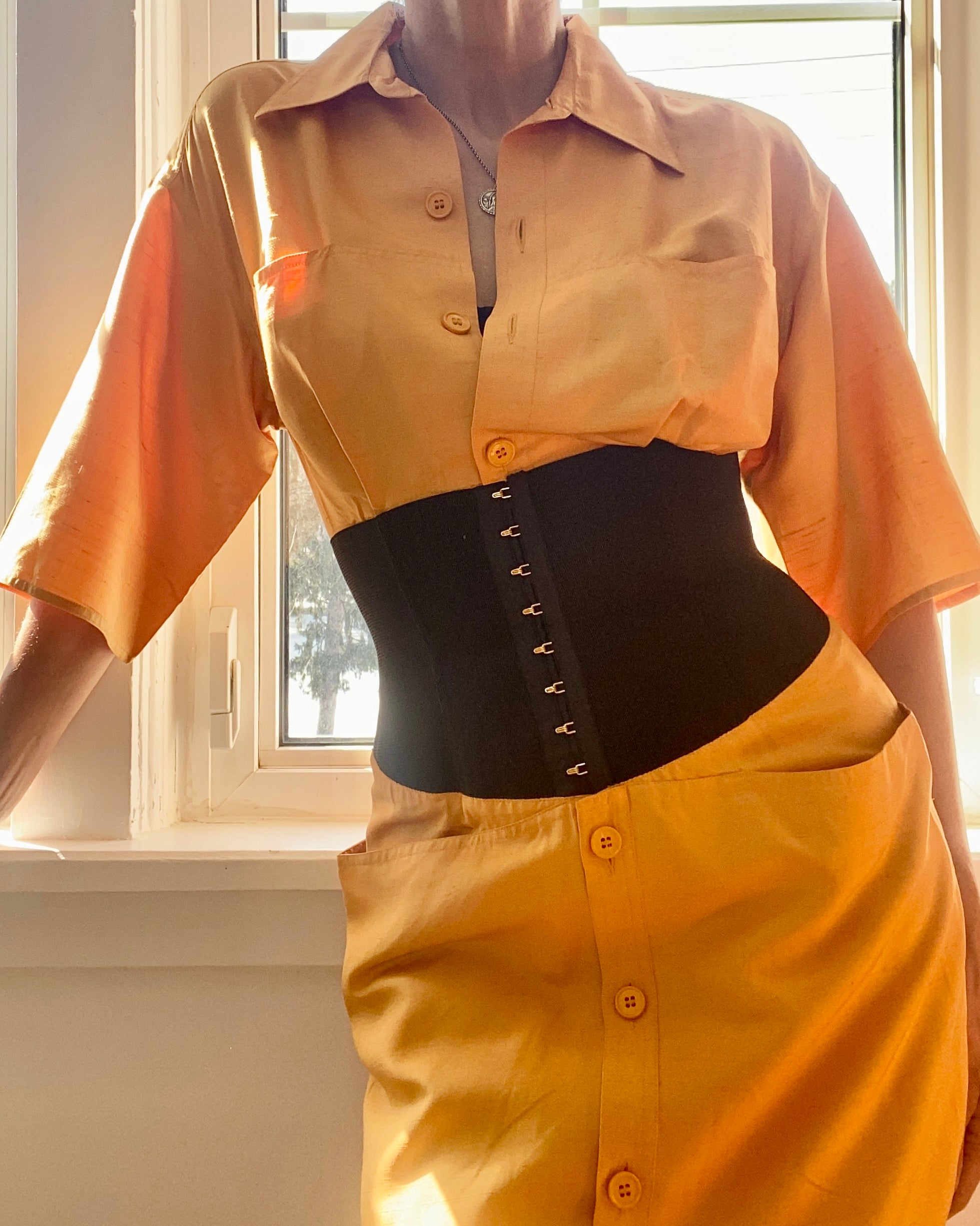 Vintage 1980s GIANFRANCO FERRE Ocre Silk Corset Shirt Dress 42 6 8