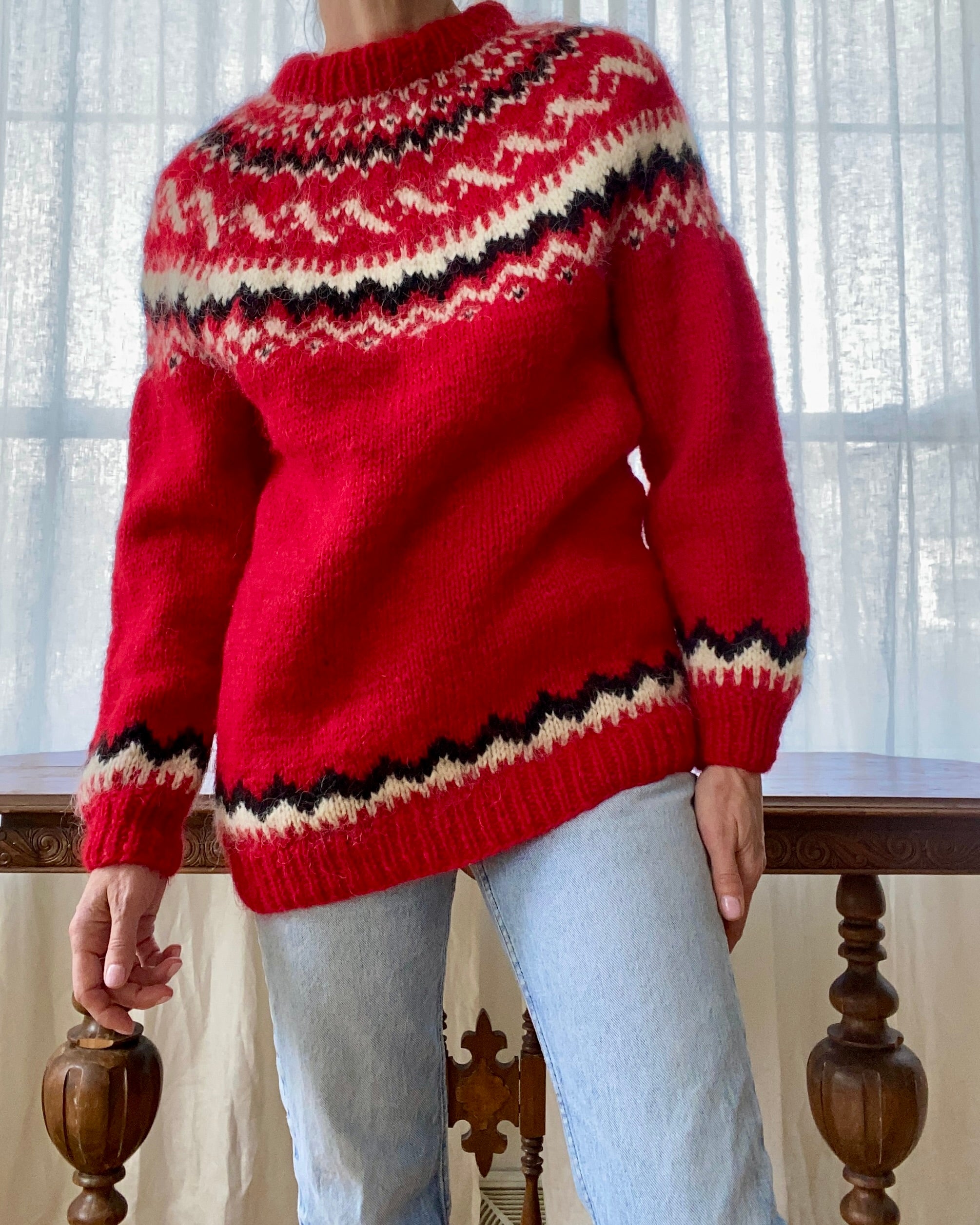 Vintage Icelandic Lopi Fair Isle Red Sweater M L