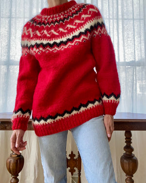 Vintage Icelandic Lopi Fair Isle Red Sweater M L
