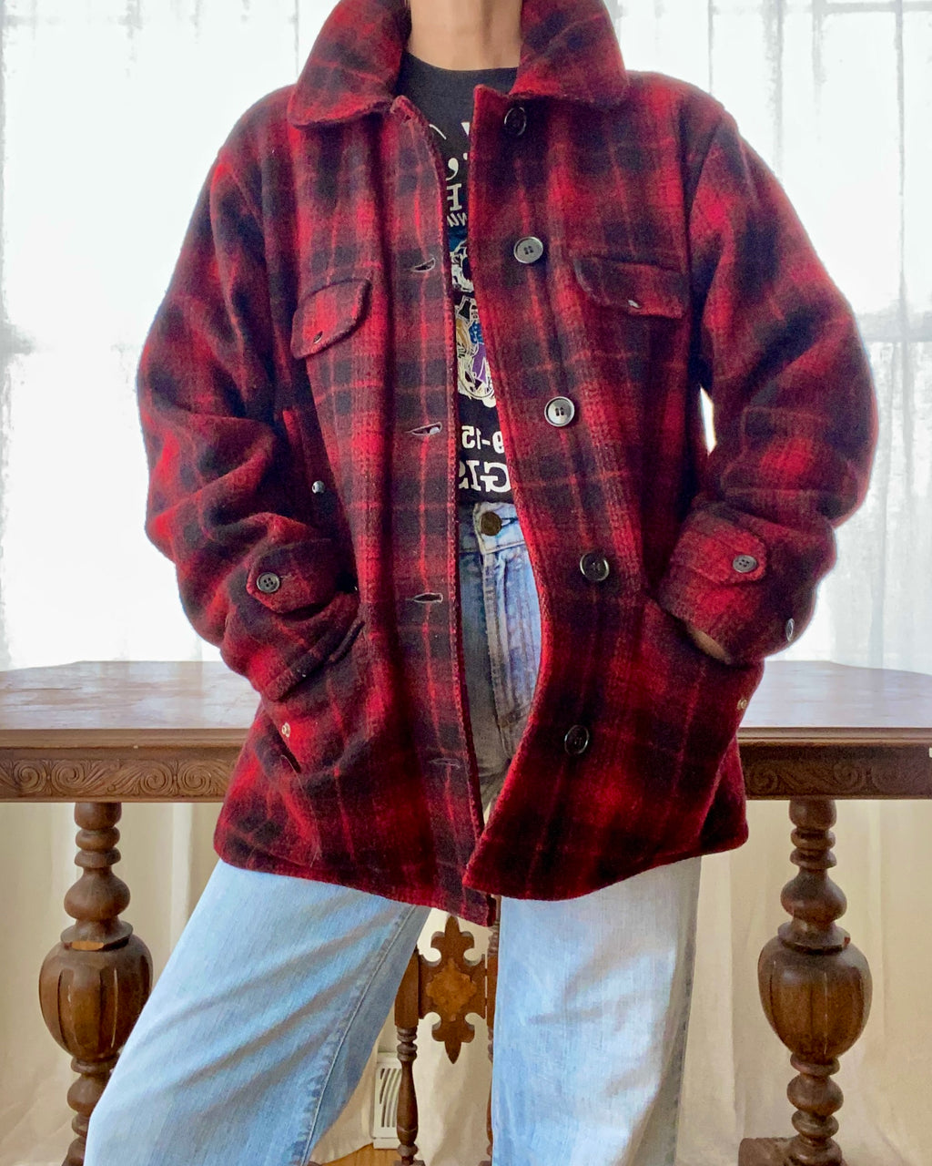 Vintage 1960s-1970s Johnson Buffalo Check Plaid Red and Black Mackinaw Hunting Workwear Jacket
