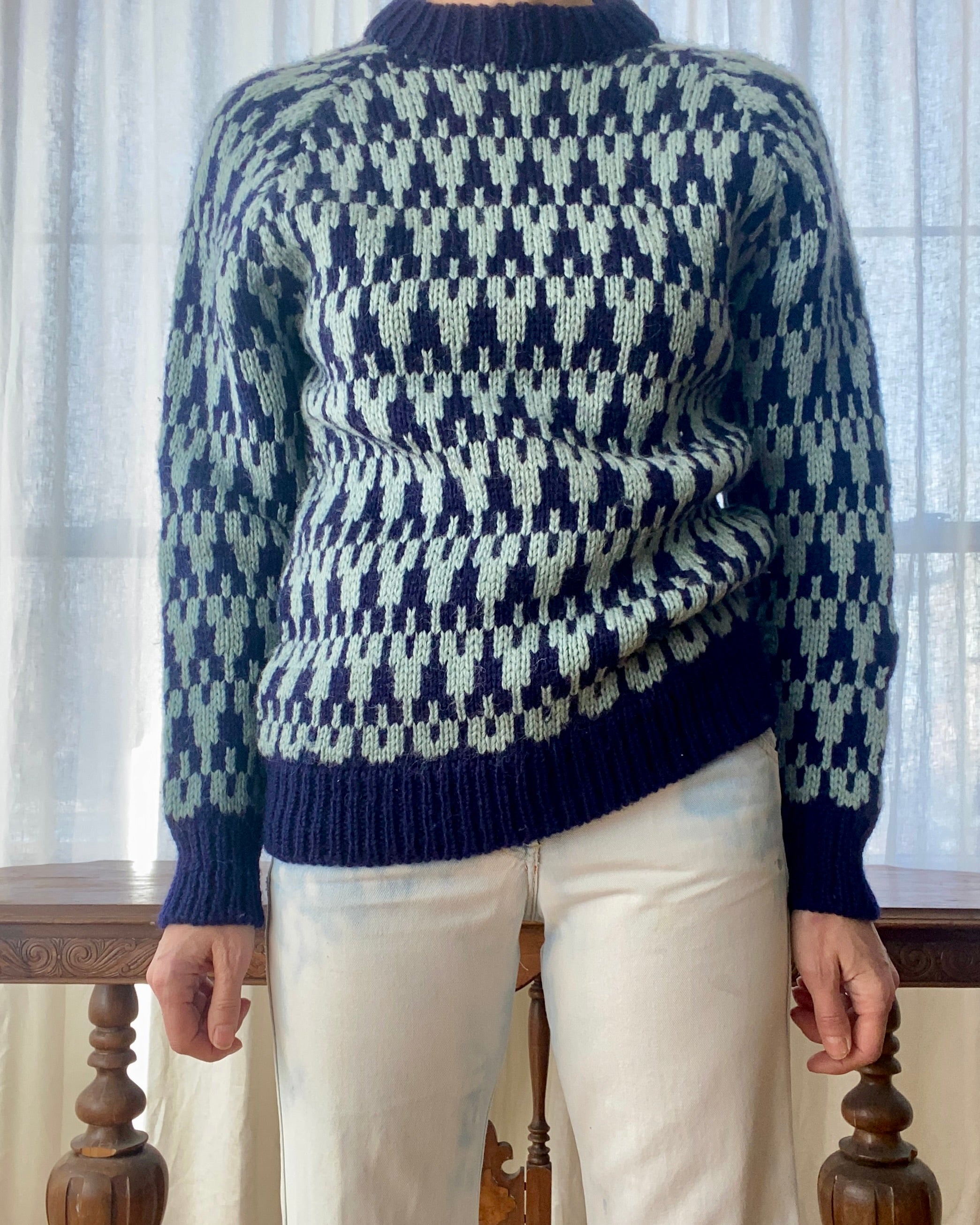 Vintage Blue Houndstooth Irish Wool Sweater
