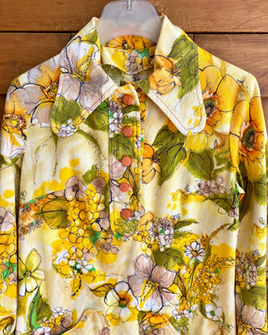Vintage 1960s Cotton Crepe Yellow Floral Mini Shirt Dress S