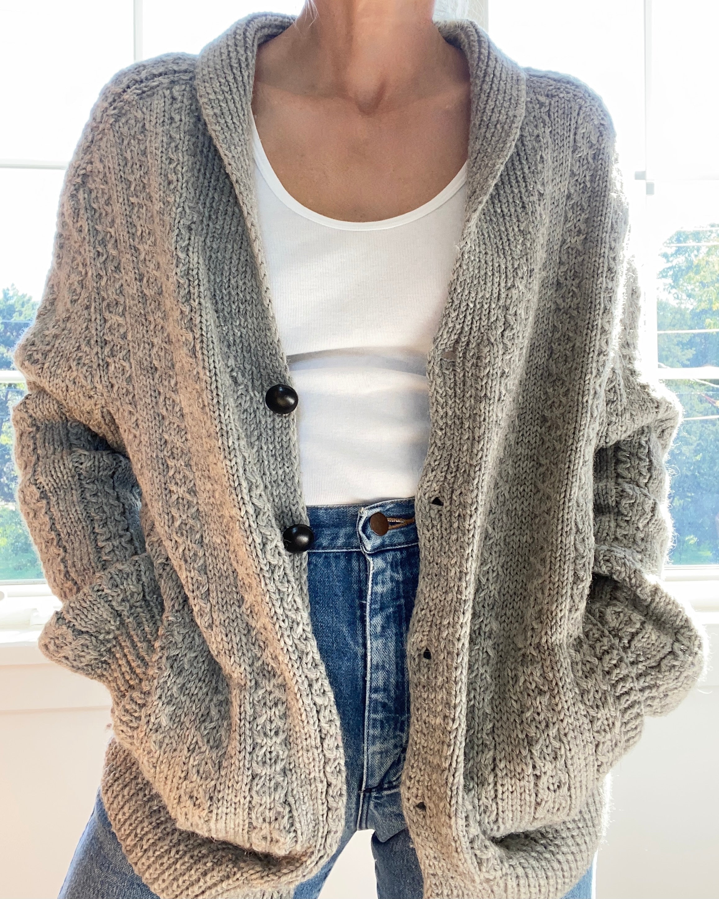 VINTAGE Handknit Shawl Collar Irish Light Grey Cardigan