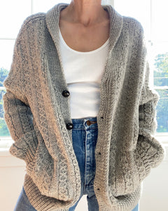 VINTAGE Handknit Shawl Collar Irish Light Grey Cardigan
