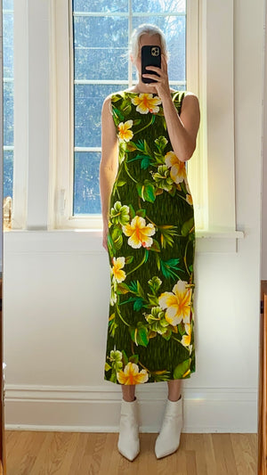 VINTAGE 1970s ROYAL Hawaiian Cotton Barkcloth Green and Yellow Hibiscus Maxi Dress SM