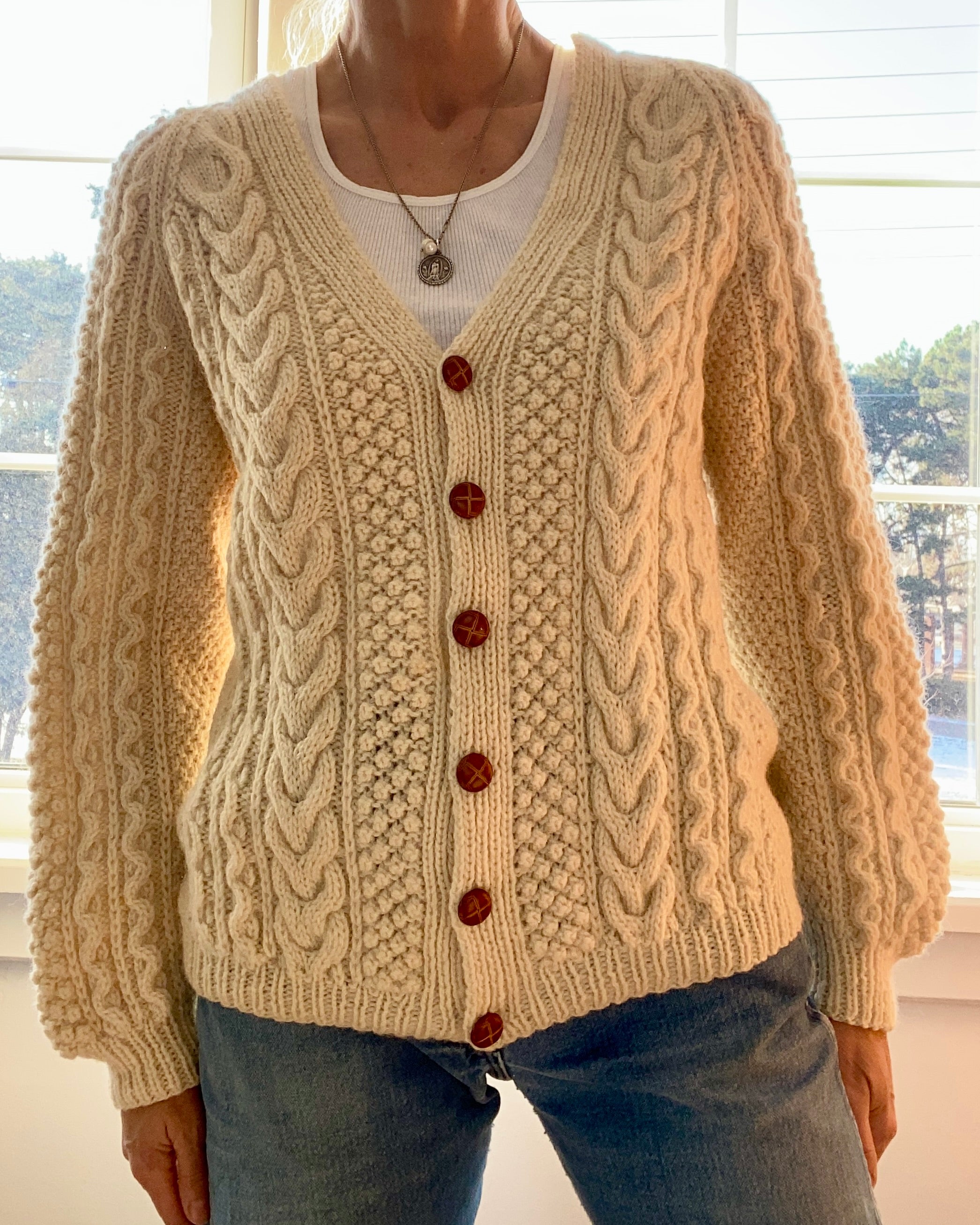 VINTAGE Handknit Fisherman Cable Wool Cardigan M